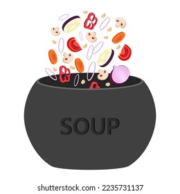 Slices of vegetables falling into pot vector illustration. Cartoon drawing of mushrooms, onions, tomatoes, carrots and pepper as ingredients of soup on white background. Cooking, food concept