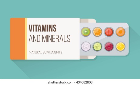 Slices of vegetables and fruit in a drug blister packaging and open box, natural supplements and vitamins concept