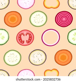 Slices of vegetables on a pink background seamless pattern on. Vector illustration background.