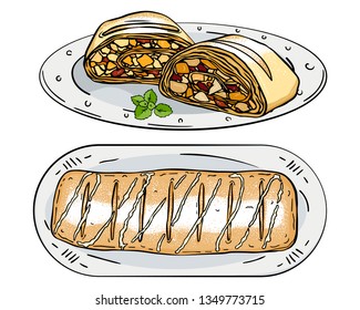 slices and Viennese apple strudel isolated on plate on white background