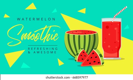 Slices of watermelon with glass of fresh juice web ad background. Juicy refreshing cocktail drink. Sweet healthy summer fruit smoothie. Organic refreshment water melon shake banner.