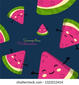 A slices of watermelon with happy faces. Seamless pattern. Blue backgroung. Vector illustration