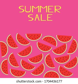 slices of watermelon and the inscription summer sale on a pink background in a flat style. vector graphic. For design banner, flyer, poster, bright juicy fruit color