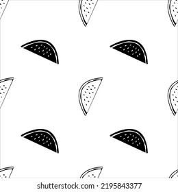 Slices of watermelon isolated on white background. Seamless pattern. Black and white.