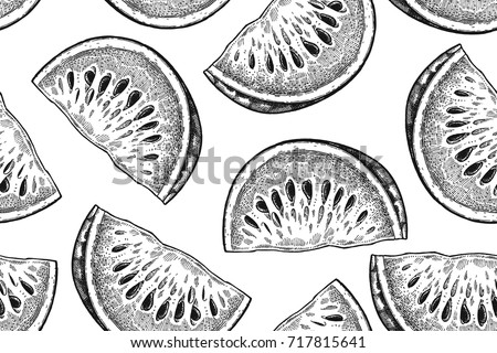 Slices of watermelon isolated on white background. Seamless pattern. Realistic fruits in technique vintage engraving. Black and white. Vector illustration art. Hand drawing. Kitchen design with food.