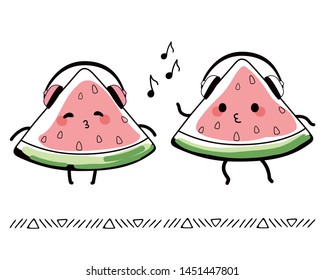 Slices of watermelon listen to music in large headphones, whistles, and dances. Cute kawaii cartoon fruit. Doodle veggie character on white background. Line color sketch for kids posters, cards.