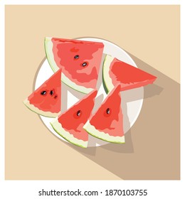 Slices of watermelon on a plate. Vector illustration in a flat style.