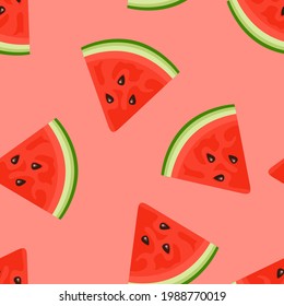 Scheiben von Wassermelonen auf rotem Hintergrund. Nahtloses Muster mit frischen Früchten. Vektorflache Illustration.
