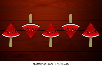 Slices of watermelon on a stick on the background of boards, vector art illustration.
