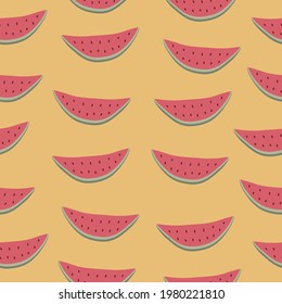 Slices of watermelon on yellow background. Fruit and vegetable seamless pattern.
