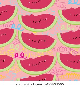 slices of watermelon seamless; colorful vector with slices of watermelon and decorative lines