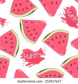 Slices of watermelon seamless pattern with juice drop and yummy inscription in vector