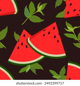 Slices of watermelon with sprigs of mint on a dark background. Seamless vector pattern.