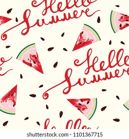 Slices of watermelons and seeds for summer background with the inscription: "Hello summer"