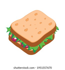 Slices of white, ruddy bread between which there are cut pieces of sausage of different sizes and  lettuce leaves . Lettuce sheets over sausage. Vector Illustrator