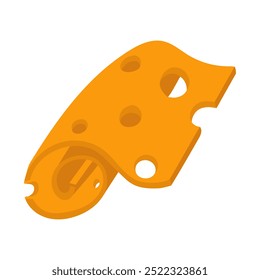 Slices of yellow cheese are flat. Square slice of cheese with holes twisted, insulated slice of Swiss cheese with holes, dairy breakfast food, modern vector illustration of cheese with slices on white