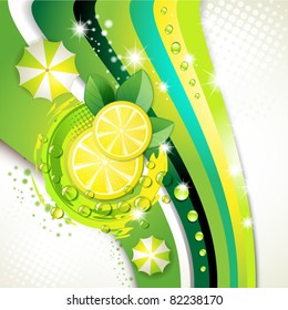 Slices yellow lemon with drops and leaf over green background