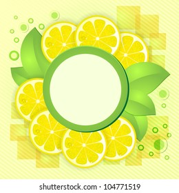 Slices yellow lemon with drops and leafs