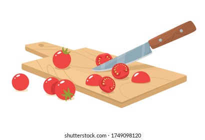 Slicing cherry tomatoes with a knife. Manual chopping and grinding of organic ingredients. Vector illustration in flat style.