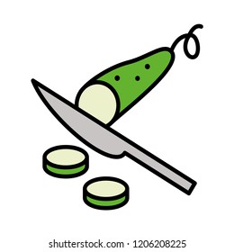 Slicing cucumber by knife. Flat style. Vector illustration. Cooking concept