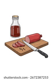 Cortando uma deliciosa salsicha defumada em uma tábua de corte de madeira com uma faca afiada ao lado de pimentas e uma garrafa de molho