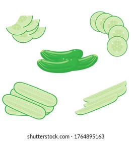 Slicing different slices of fresh cucumbers. Vector