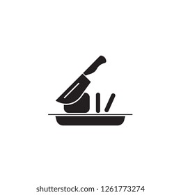 Slicing food black vector concept icon. Slicing food flat illustration, sign