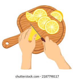 Slicing a lemon on a cutting board. Hands with a knife cut lemons on a wooden board. Vector illustration.