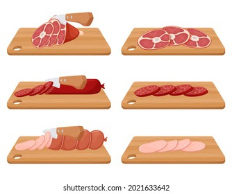 Slicing pork knuckle, boiled and smoked sausage. A knife cuts meat on a wooden cutting board. Sliced pieces of meat and sausage. Flat cartoon style. Vector illustration isolated on a white background