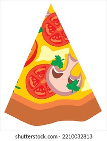 Slicing round pizza into portions. Vector drawing.
Pizza with smoked salami sausage, mushrooms champignons, vegetables tomatoes,
cheese, mayonnaise and parsley. A slice of pizza.
