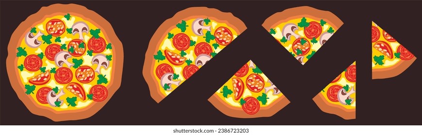 Slicing round pizza into portions. Vector drawing.
Pizza with smoked salami sausage, mushrooms champignons, vegetables tomatoes,
cheese, mayonnaise and parsley. A slice of pizza.