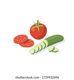 Slicing salad vegetables cucumbers and tomatoes. Vector 3d isometric, color web icon, new flat style. Creative illustration design, isolated graphic idea for infographics.