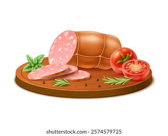 Slicing sausage on wooden cutting board. Meat gastronomy product and vegetables, tomato with basil leaves. Realistic isolated food composition. Menu element. Butchery shop. Vector concept