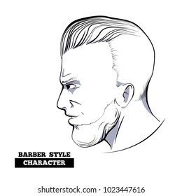 Slicked back hairstyle character model,hand drawn style sketch.Profile view of hipster bearded man head person,slickback haircut.Concept for modern fashion barber shop,salon,magazine,sign,emblem