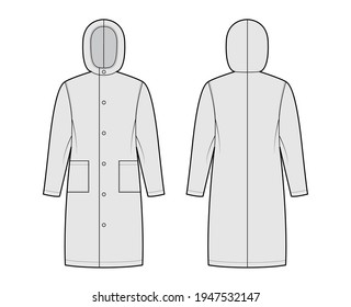 Slicker coat Sou'wester technical fashion illustration with hood, long sleeves, patch pockets, oversized body. Flat jacket template front, back, grey color style. Women, men, unisex top CAD mockup