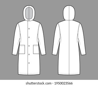 Slicker coat Sou'wester technical fashion illustration with hood, long sleeves, patch pockets, oversized body, knee length. Flat jacket template front, back, white color. Women, men, unisex CAD mockup