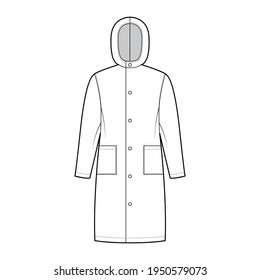 Slicker coat Sou'wester technical fashion illustration with hood, long sleeves, patch pockets, oversized body, knee length. Flat jacket template front, white color style. Women, men, unisex CAD mockup