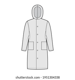 Slicker coat Sou'wester technical fashion illustration with hood, long sleeves, patch pockets, oversized body, knee length. Flat jacket template front, grey color style. Women, men, unisex CAD mockup