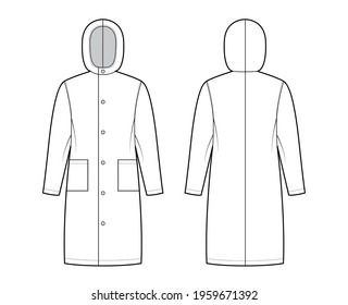 Slicker coat Sou'wester technical fashion illustration with hood, long sleeves, patch pockets, oversized body, knee length. Flat jacket template front, back, white color. Women, men, unisex CAD mockup