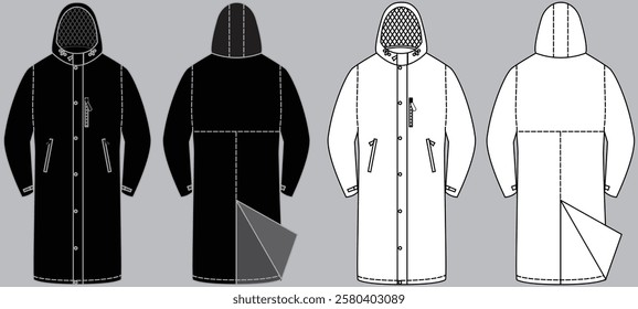 Slicker coat Sou'wester technical fashion illustration with hood, long sleeves patch pockets, knee length. Flat jacket template front, back, white, grey colour style.Women, men, unisex top CAD mock up