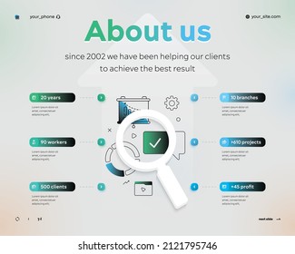 Slide about us, about company. Thin line and volume element design using infographics and icons. Six stages. Used for presentations, banner, flowchart. Flat vector business infographic template. EPS10