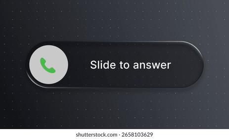 Slide to answer incoming call button on a dark background. Glassmorphism user interface element for smartphone interaction. Liquid glass black vector.