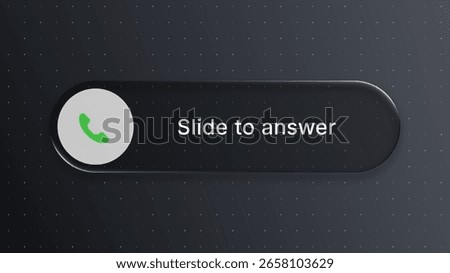 Slide to answer incoming call button on a dark background. Glassmorphism user interface element for smartphone interaction. Liquid glass black vector.
