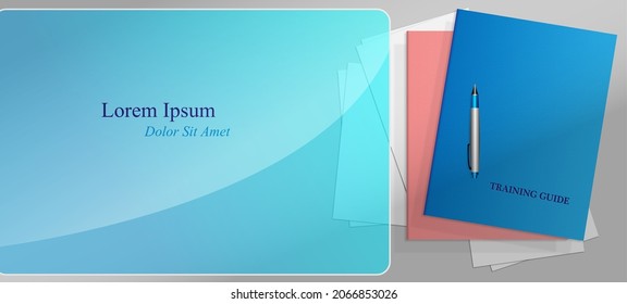 Slide Banner for presentation or training guide slide show with empty space on glass effect and book, papers and ballpoint layed on the workspace