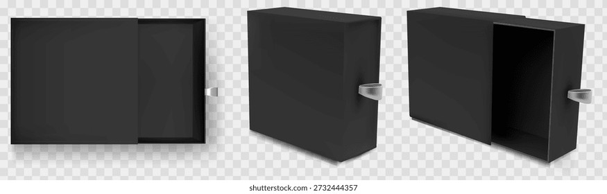 Slide box with black drawer mockup for gift in sleeve packaging presentation. Square 3d cardboard case with luxury top view and realistic design. Isolated vector template set for retail and jewelry.