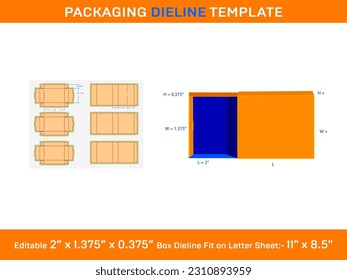 Slide box, Dieline Template, 2 x 1.38 x 0.38 inch, 