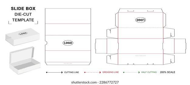 Slide box packaging die cut template