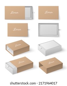 Slide boxes set opened and closed, realistic mockup vector illustration isolated on white background. 3d package with ribbon for pulling out. Cardboard container design.