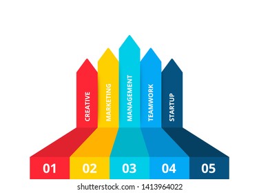 Slide with five arrows. Concept of business process with 5 options. Flat vector illustration for data visualization and analysis. Modern infographic design template.