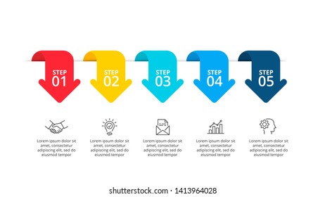 Slide with five arrows. Concept of business process with 5 options. Flat vector illustration for data visualization and analysis. Modern infographic design template.